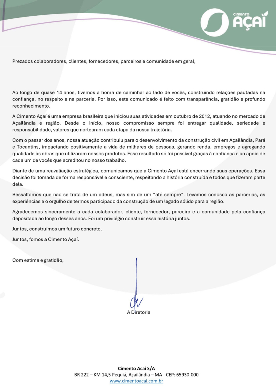 Cimento Açaí anuncia encerramento das atividades em Açailândia
