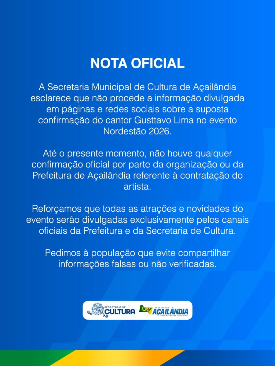Prefeitura de Açailândia desmente informação sobre show de Gusttavo Lima no Nordestão 2026