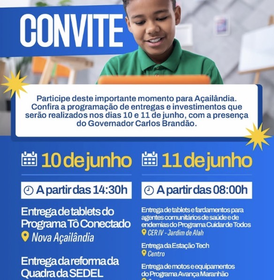     Açailândia recebe tablets, motos, Estação Tech e obras durante visita de Brandão
