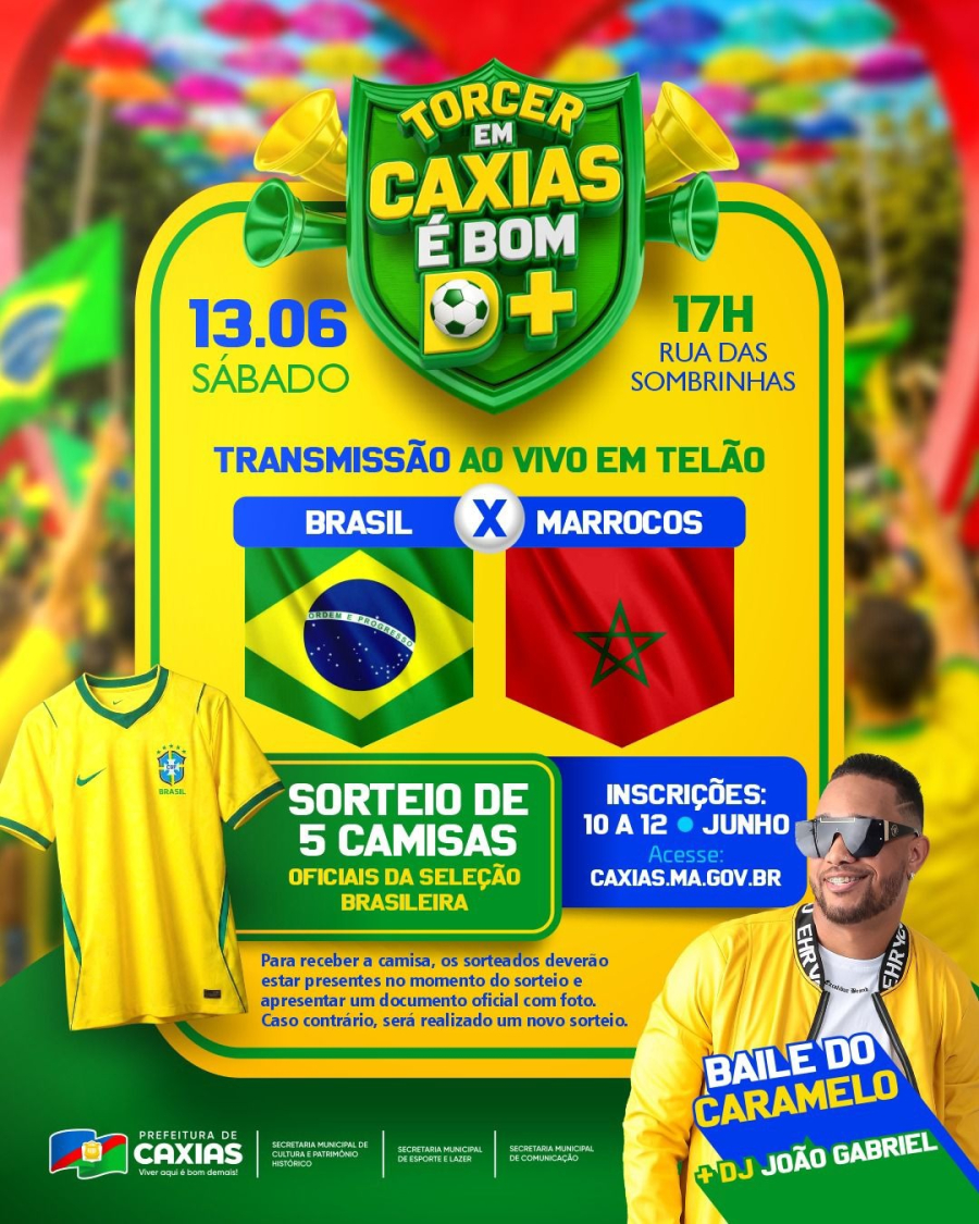 Prefeitura vai instalar telão para que os caxienses acompanhem Brasil e Marrocos neste sábado (13) na Rua das Sombrinhas