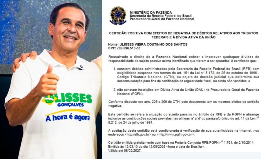 DOCUMENTO OFICIAL DA RECEITA FEDERAL COMPROVA REGULARIDADE FISCAL DE ULISSES GONÇALVES E CONTRADIZ ACUSAÇÕES DE “SONEGAÇÃO”