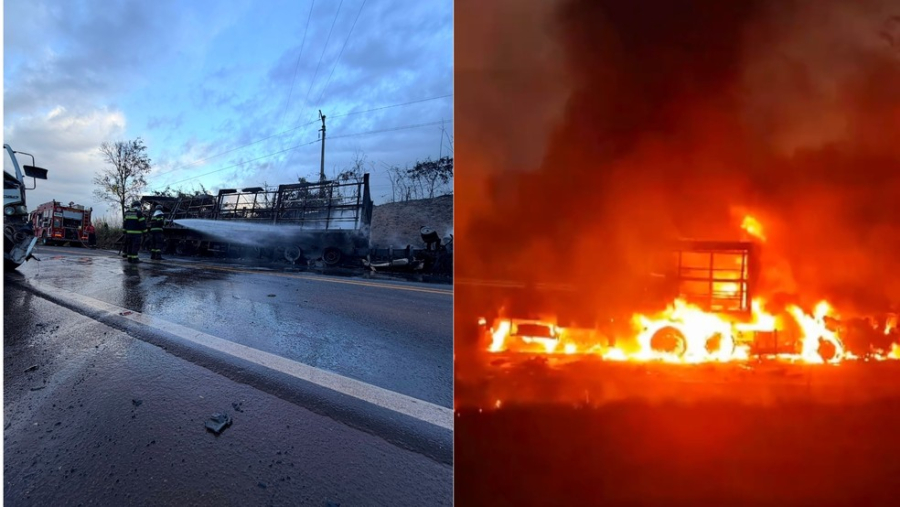 Carreta em chamas: bombeiros combatem incêndio após colisão em Imperatriz