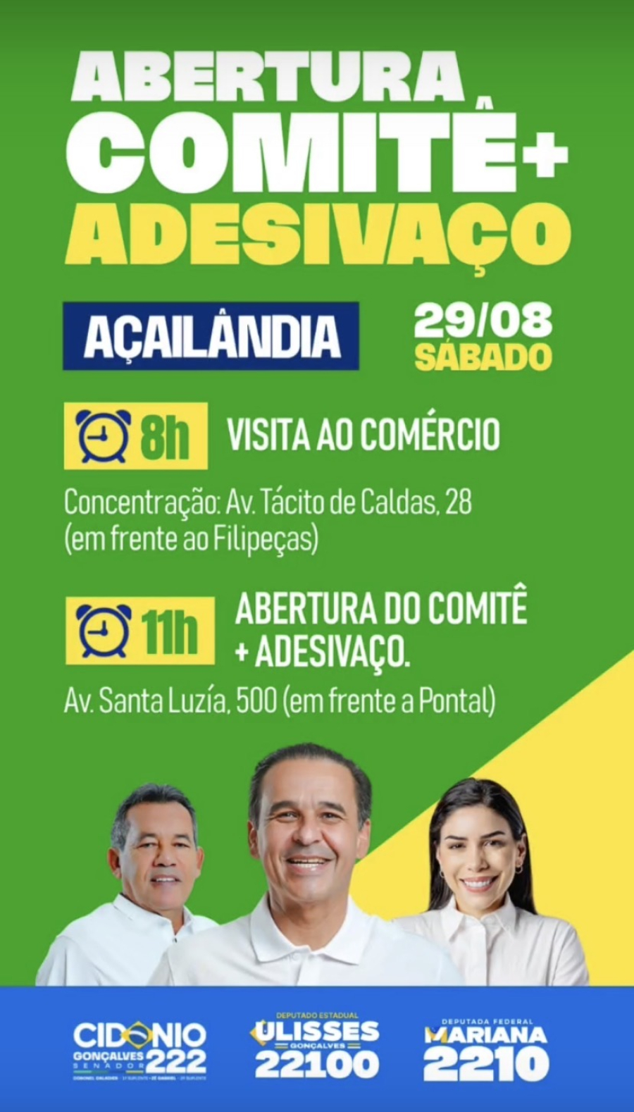Cidônio, Ulisses e Mariana abrem comitê e fazem adesivaço em Açailândia neste sábado (29)